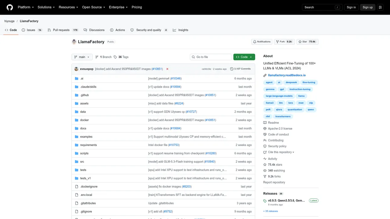LlamaFactory GitHub 仓库页整页截图