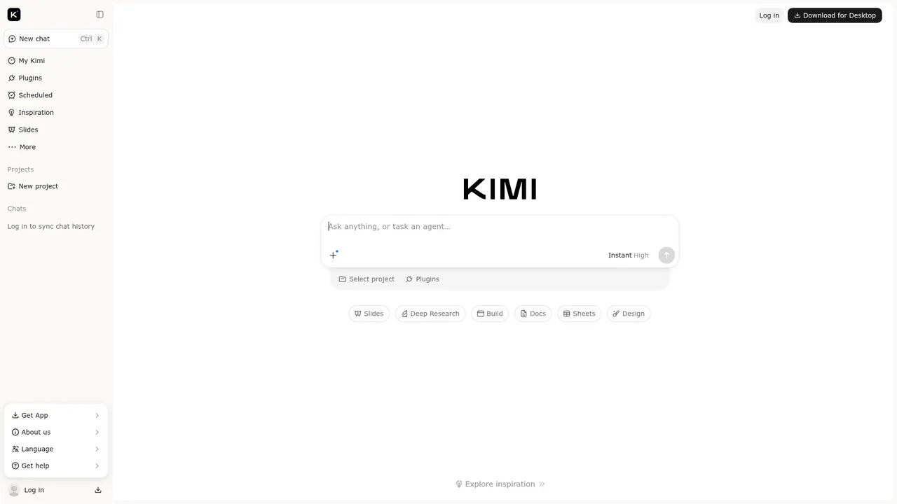 Kimi Work官网首页，含输入框与侧边栏功能入口