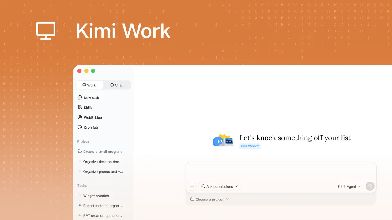 Kimi Work界面：左侧任务栏与「Let's knock something off your list」主提示区