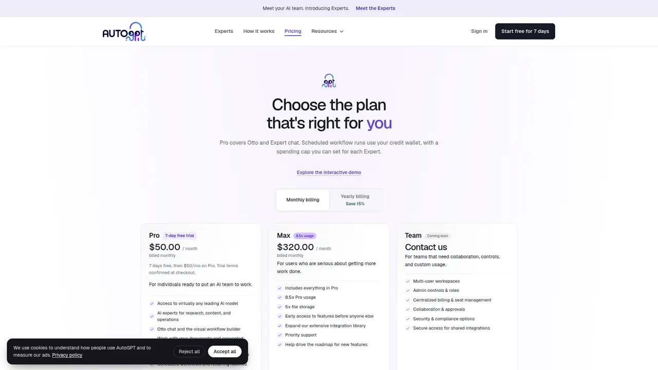 AutoGPT 價格頁整頁，展示 Pro、Max、Team 與 Self-Host 方案