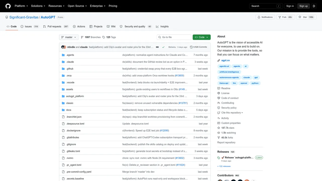 AutoGPT GitHub 倉庫頁整頁，顯示專案說明與 Star 等資訊