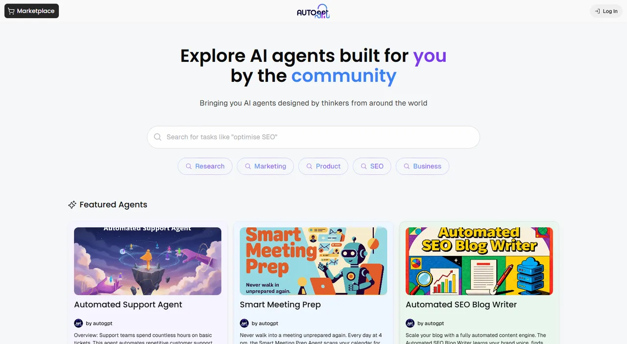AutoGPT Marketplace 介面，展示可選用的社群現成智慧體